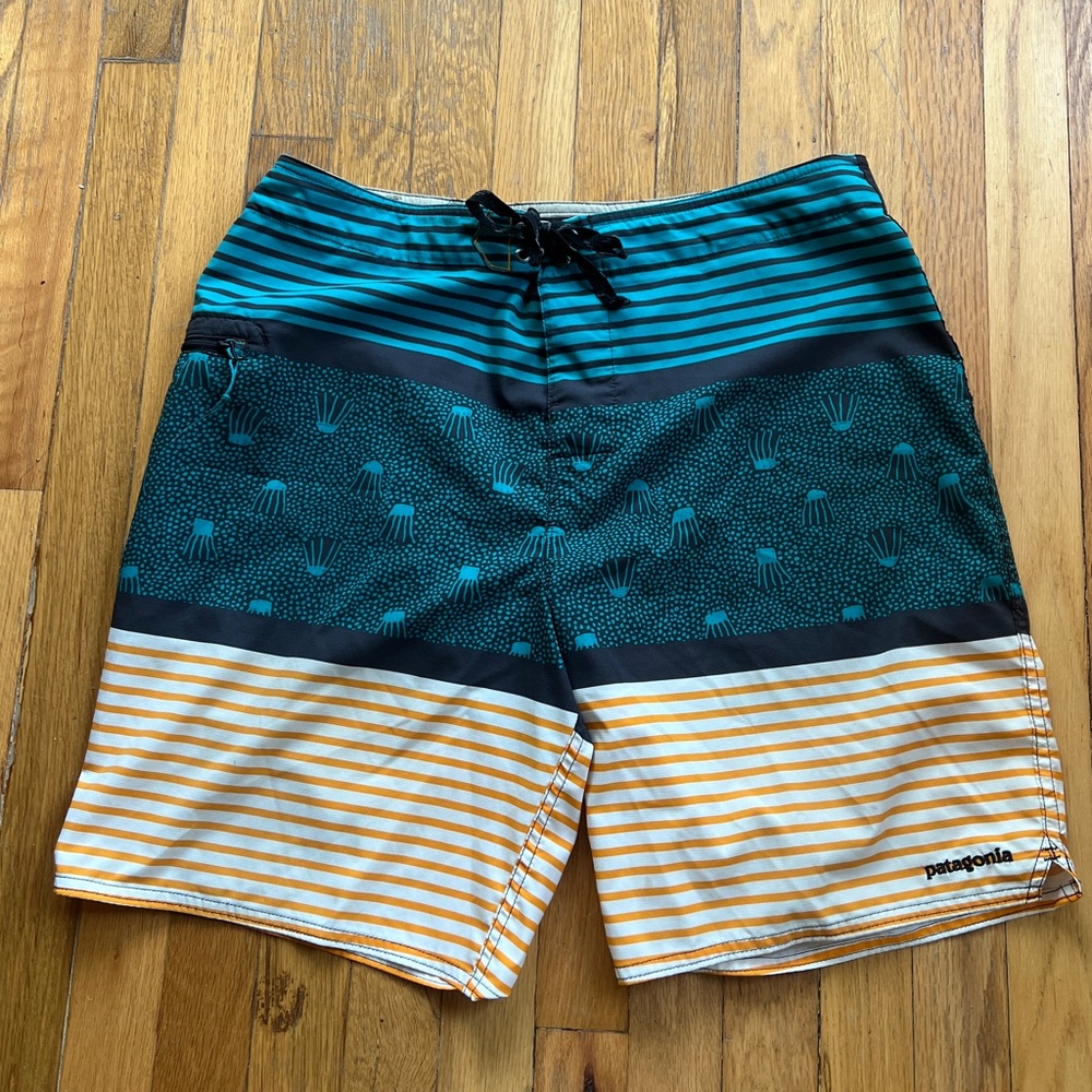 Patagonia green/orange gray swim trunks